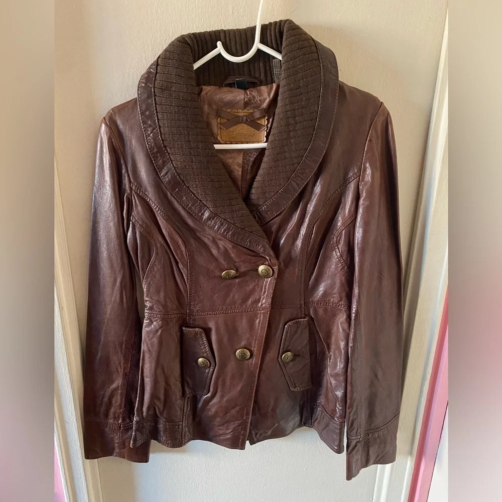Guess Brown Leather Jacket with Fabric Collar and Gold Tone Hardware